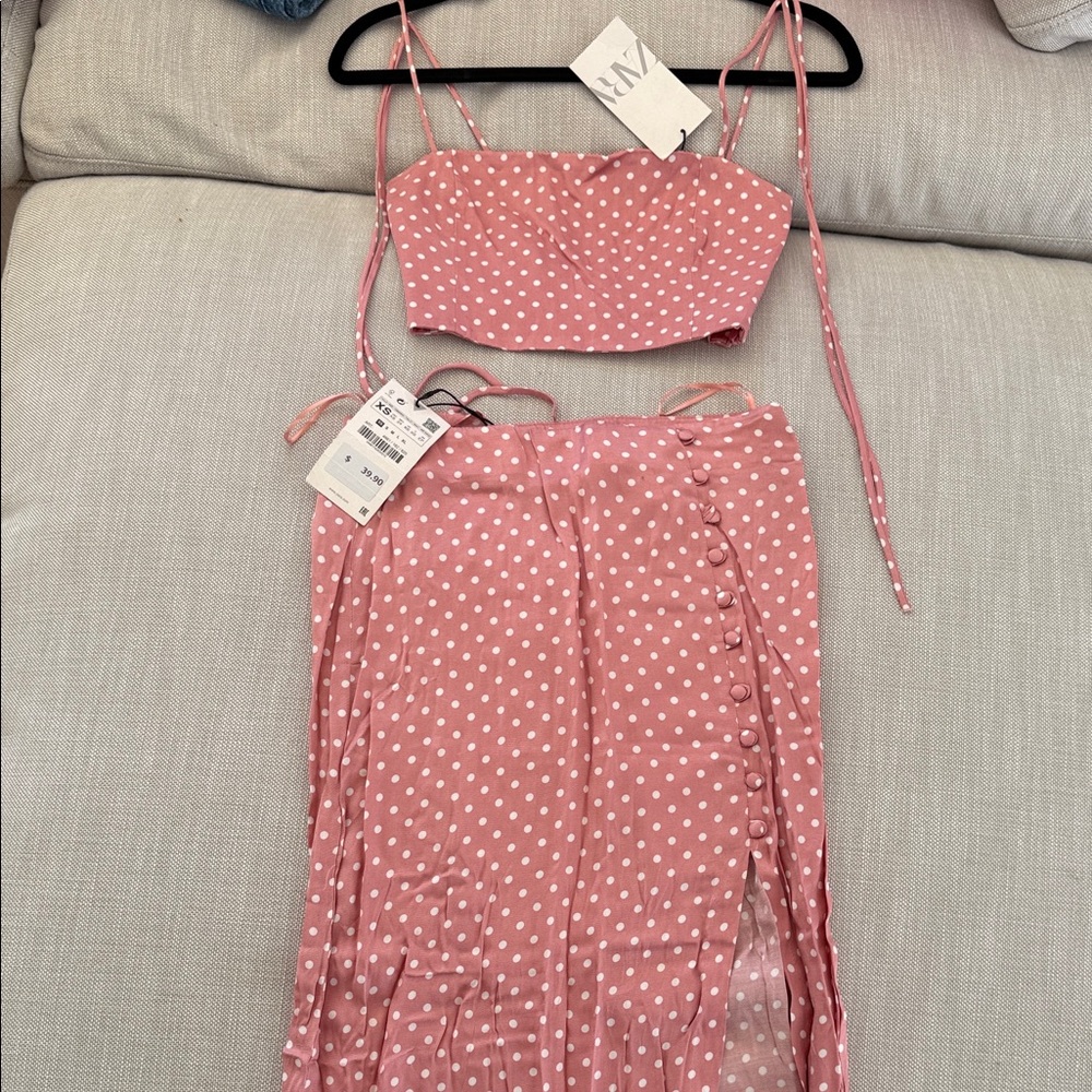 Zara Pink Polka Dot Crop Top and Skirt Set